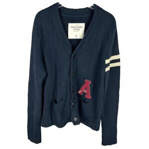 Abercrombie and Fitch Vintage Y2K Varsity Patch Fitted Navy Blue Rugby Cardigan